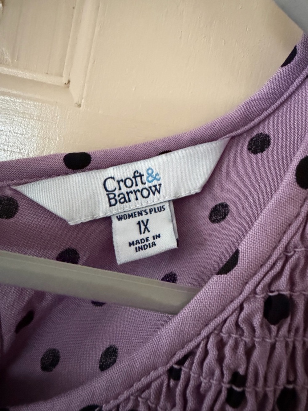 croft & barrow Lavender Polka Dot Smocked Blouse - Picture 3 of 9
